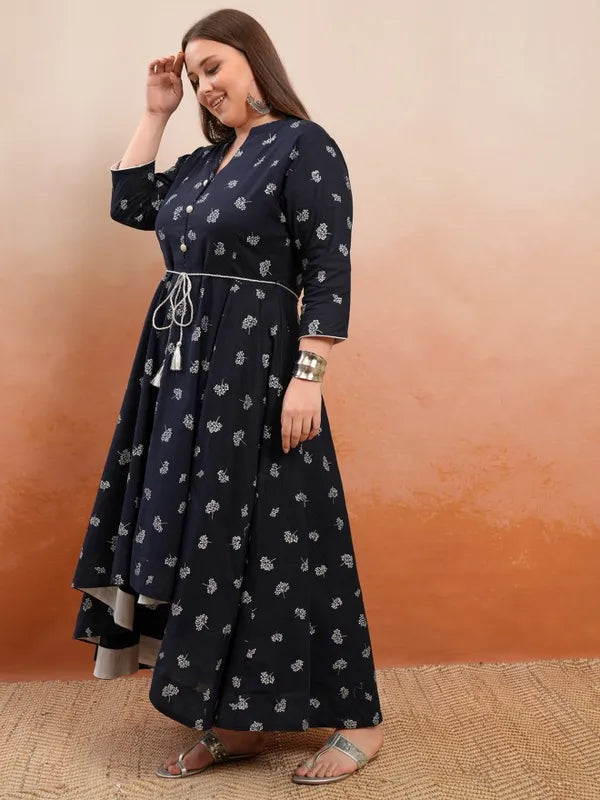 Vasthrlay Navy Plus Size Printed A Line Kurta