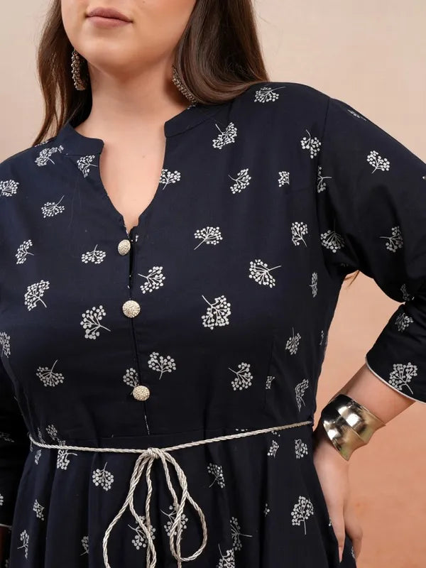 Vasthrlay Navy Plus Size Printed A Line Kurta