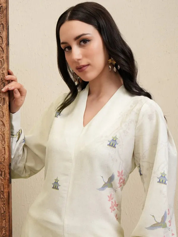 Vasthrlay Cream Printed Straight Kurta