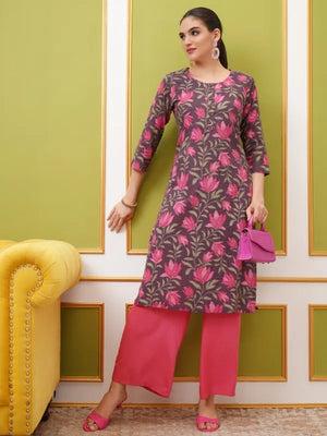 Vasthrlay Brown Printed Straight Kurtas