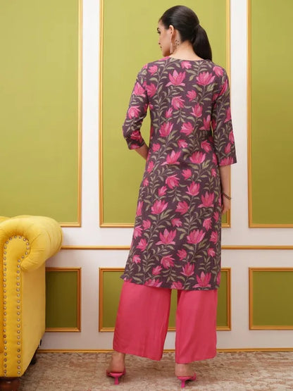Vasthrlay Brown Printed Straight Kurtas