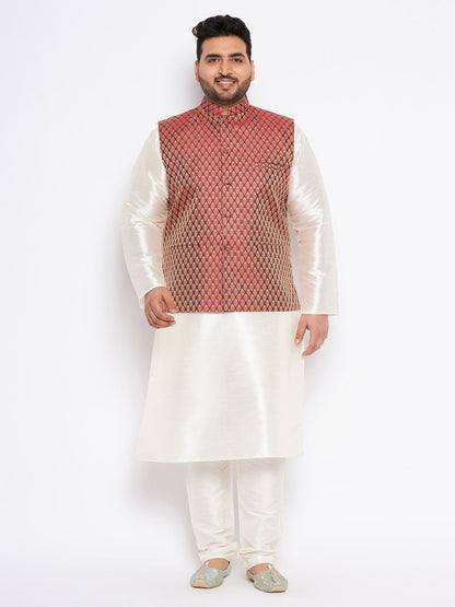 vastramay mens plus size maroon silk blend jacket and cream kurta pant set