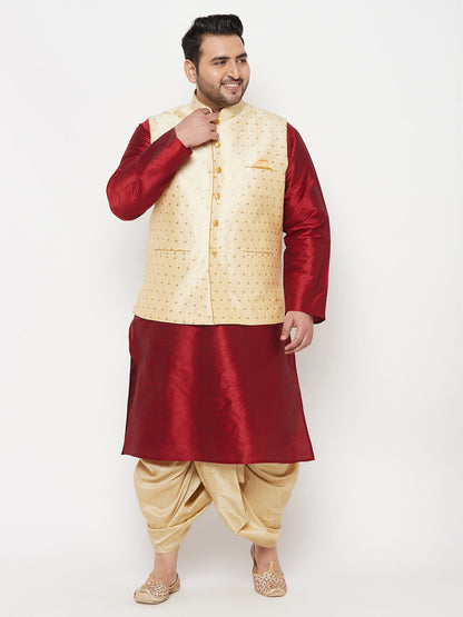 Vastramay PLUS Men's Gold Zari Weaved Nehru Jacket With Kurta Dhoti set - PUSHMYCART