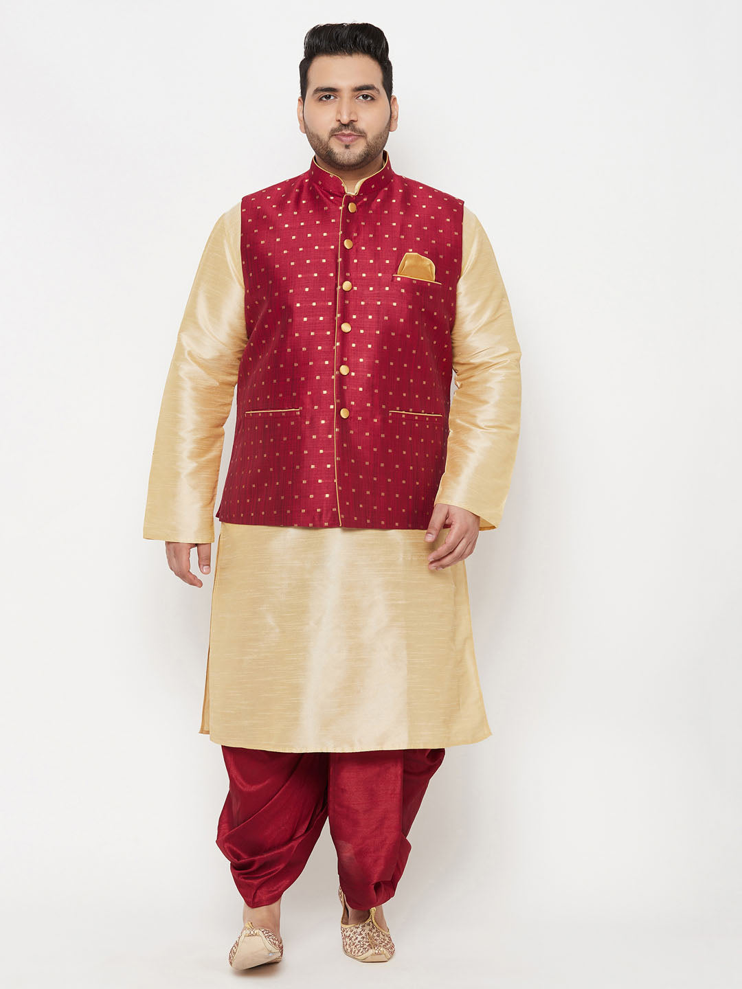Vastramay PLUS Men's Maroon Zari Weaved Nehru Jacket With Kurta Dhoti set - PUSHMYCART