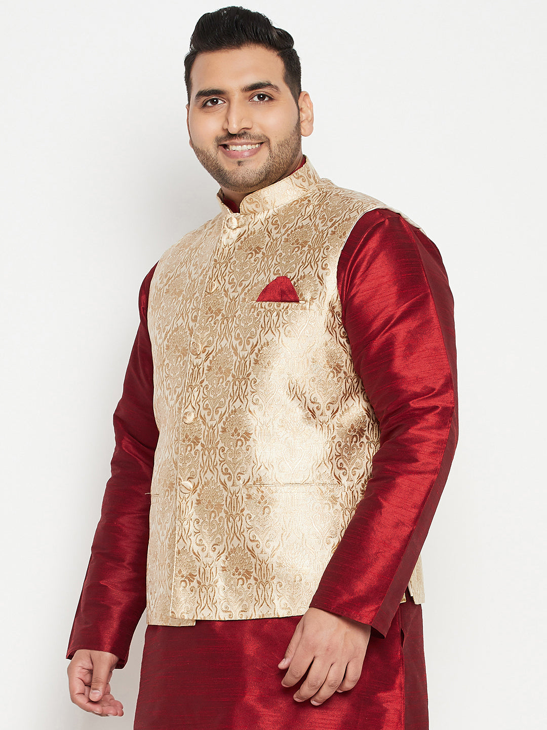 copy of mens plus size maroon and gold jacquard nehru jacket