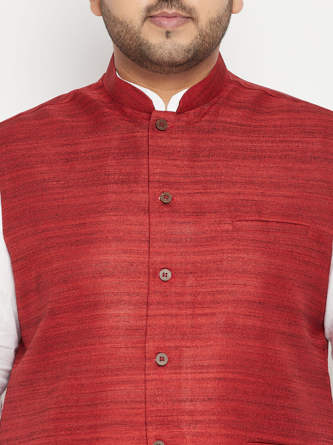 Vastramay Mens White and Maroon Cotton Blend Jacket Kurta
