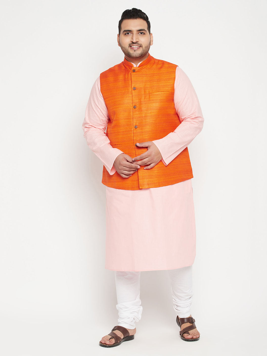 Vastramay PLUS Men's Pink Kurta And White Pyjama With Orange Nehru Jacket Set - PUSHMYCART