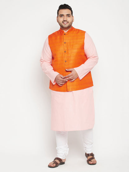 Vastramay PLUS Men's Pink Kurta And White Pyjama With Orange Nehru Jacket Set - PUSHMYCART