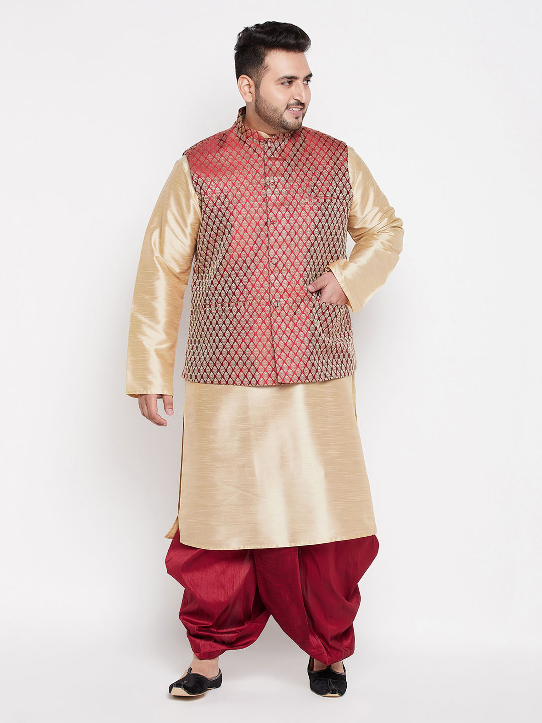 Vastramay PLUS Men's Maroon Nehru Jacket With Gold Kurta And Maroon Dhoti Set - PUSHMYCART