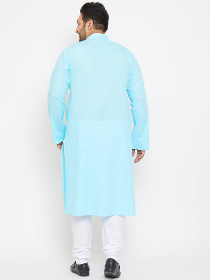 Vastramay Men's Plus Size Aqua Blue Cotton Kurta And Pyjama Set - PUSHMYCART