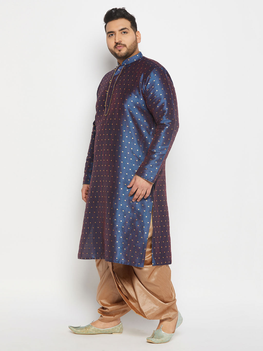 vastramay mens plus size blue cotton silk blend kurta and rose gold pleated dhoti pant set