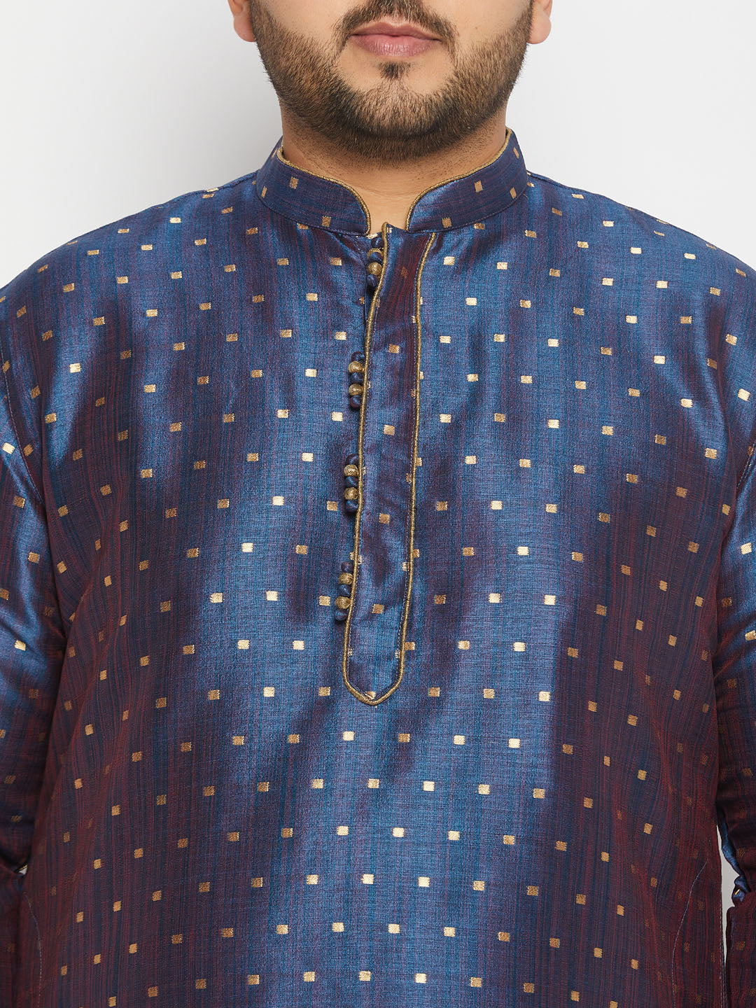 vastramay mens plus size blue cotton silk blend kurta and rose gold pleated dhoti pant set