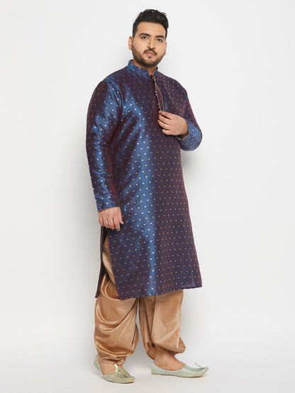 vastramay mens plus size blue cotton silk blend kurta and rose gold pleated dhoti pant set