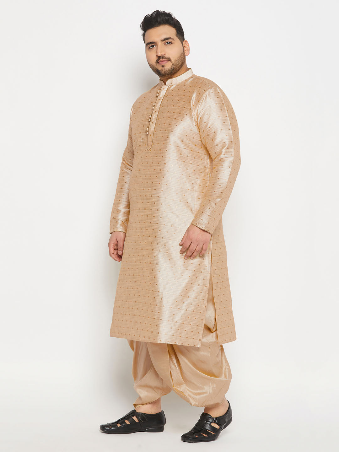 vastramay mens plus size gold cotton silk blend kurta and gold pleated dhoti pant set