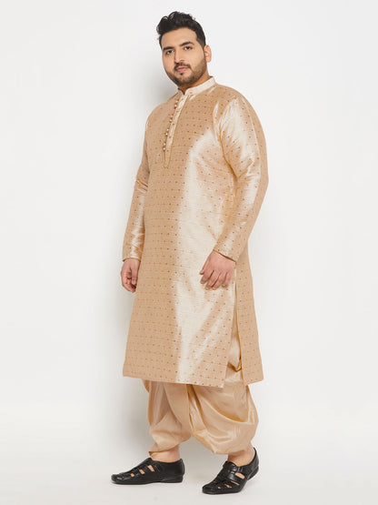 vastramay mens plus size gold cotton silk blend kurta and gold pleated dhoti pant set