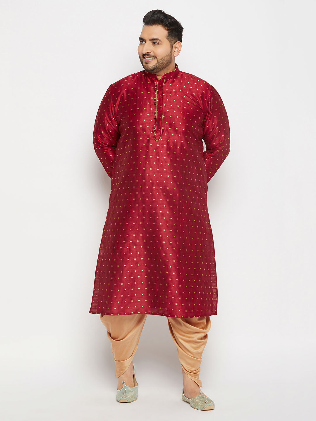 vastramay mens plus size maroon cotton silk blend kurta and rose gold cawl pant set