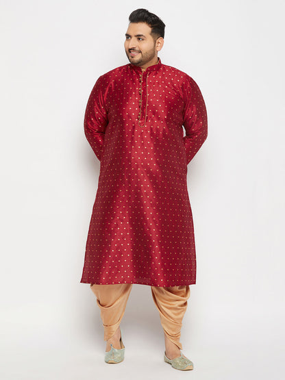 vastramay mens plus size maroon cotton silk blend kurta and rose gold cawl pant set
