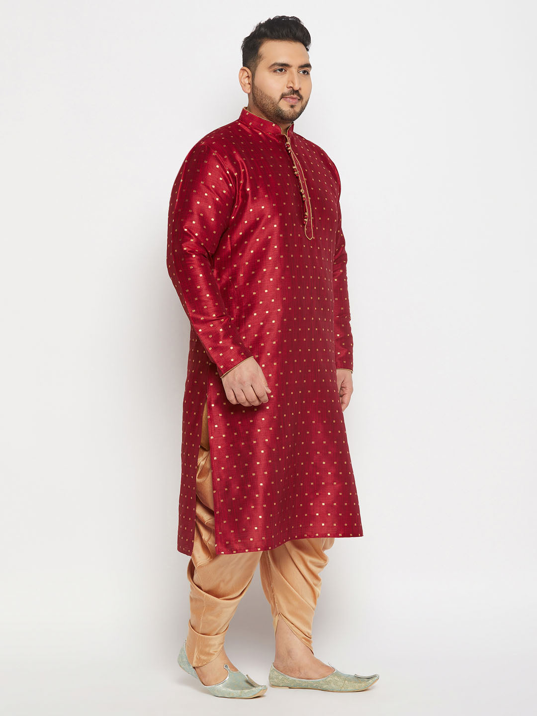 vastramay mens plus size maroon cotton silk blend kurta and rose gold cawl pant set