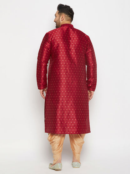 vastramay mens plus size maroon cotton silk blend kurta and rose gold cawl pant set