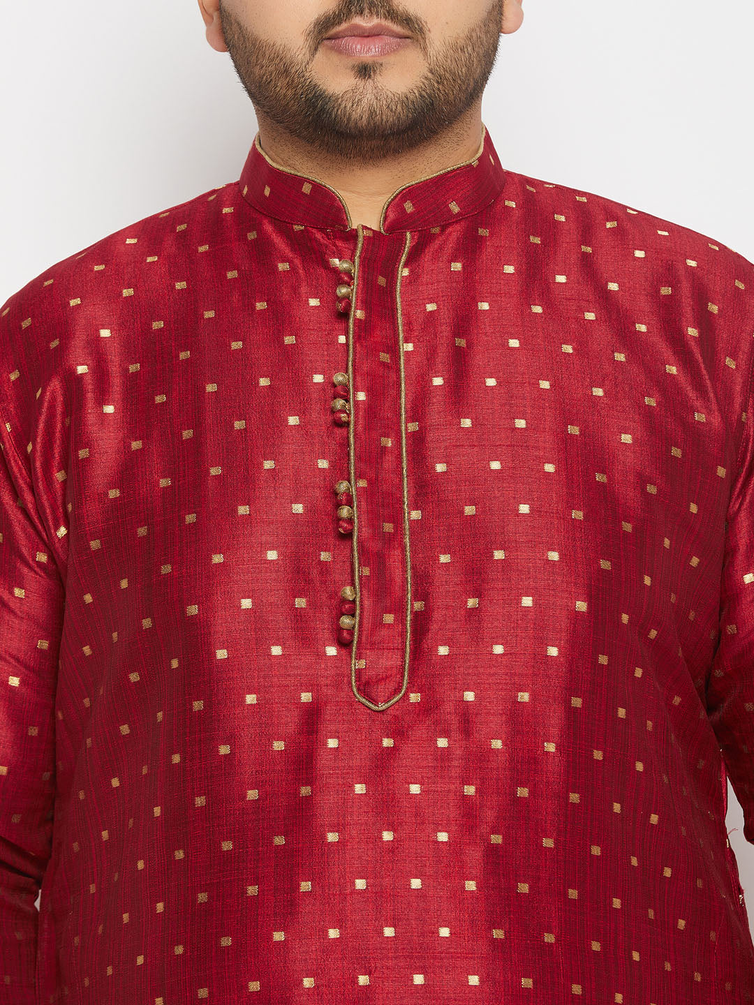vastramay mens plus size maroon cotton silk blend kurta and rose gold cawl pant set