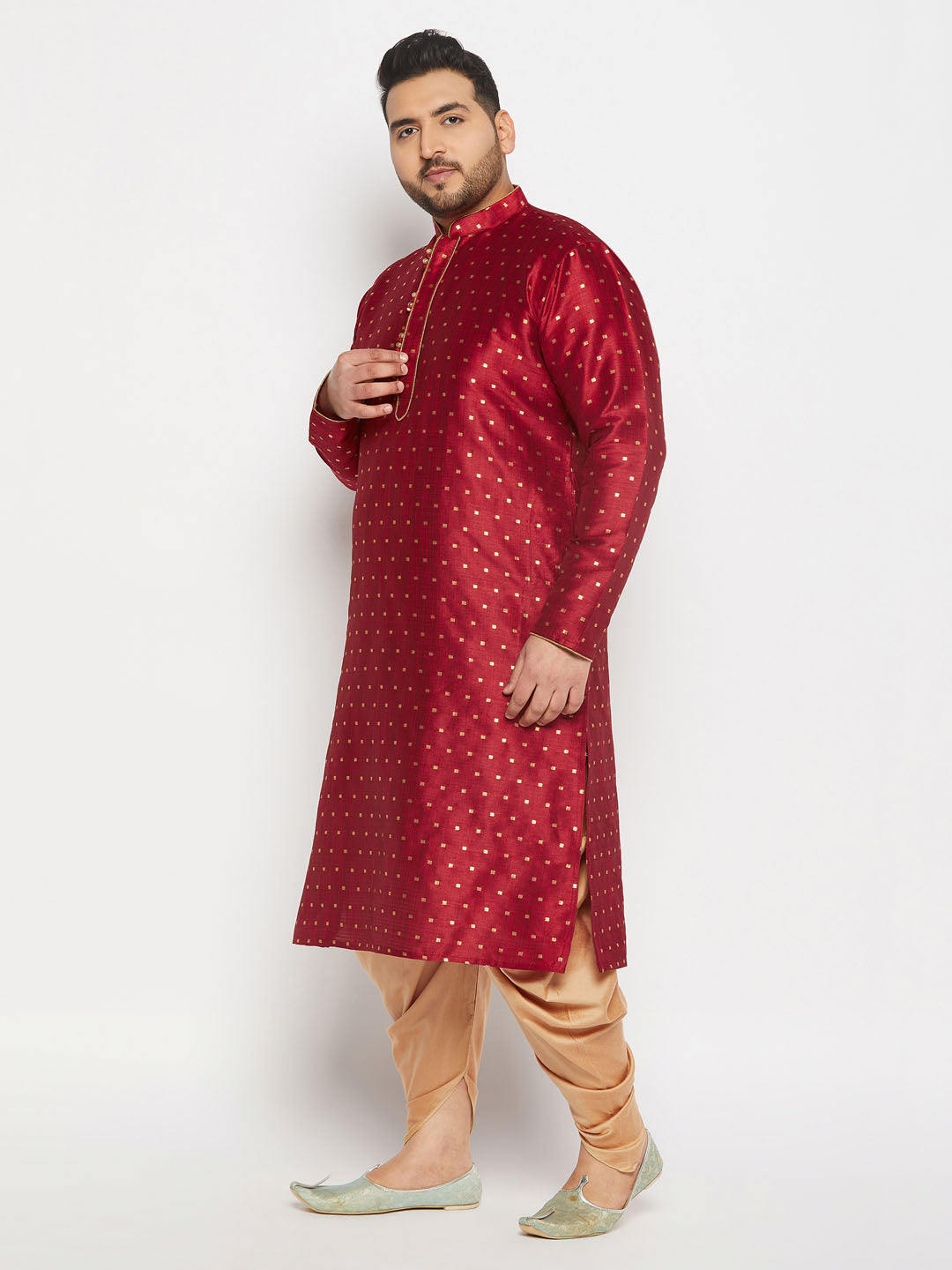 vastramay mens plus size maroon cotton silk blend kurta and rose gold cawl pant set