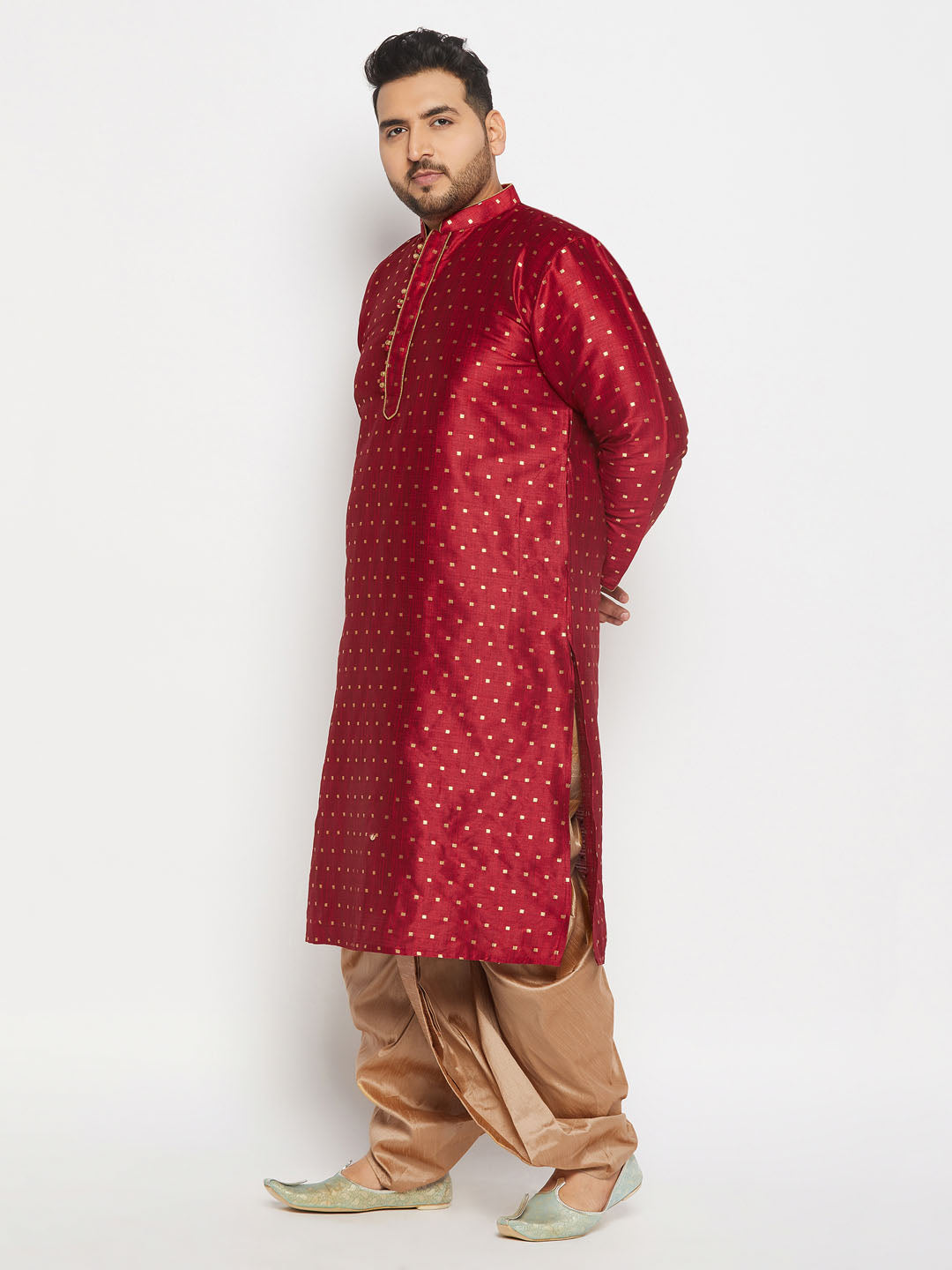 vastramay mens plus size maroon cotton silk blend kurta and rose gold pleated dhoti pant set
