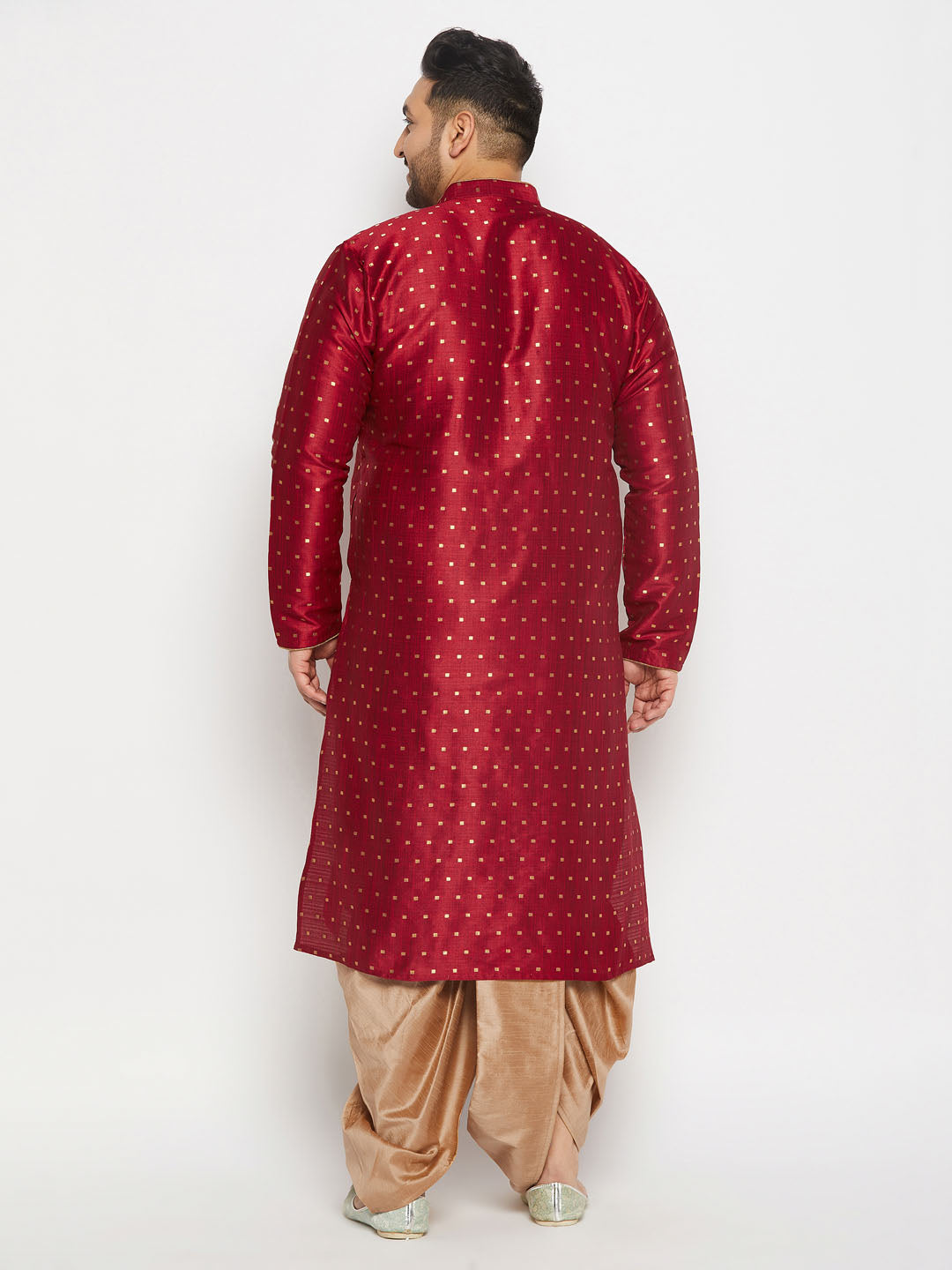 vastramay mens plus size maroon cotton silk blend kurta and rose gold pleated dhoti pant set