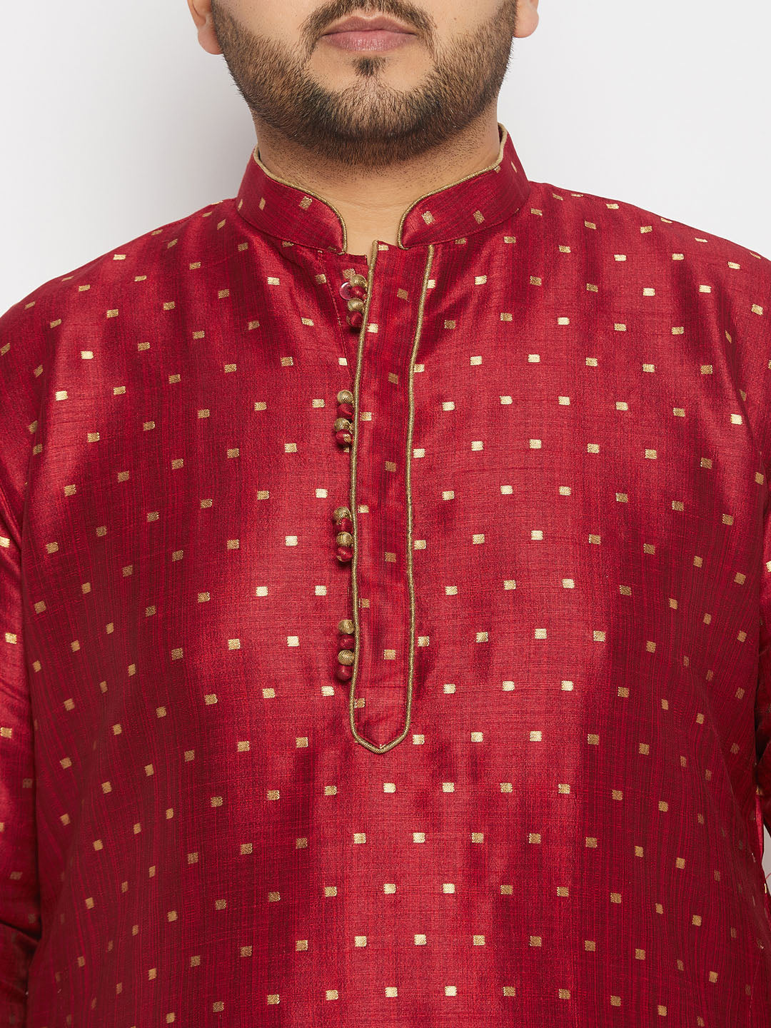 vastramay mens plus size maroon cotton silk blend kurta and rose gold pleated dhoti pant set