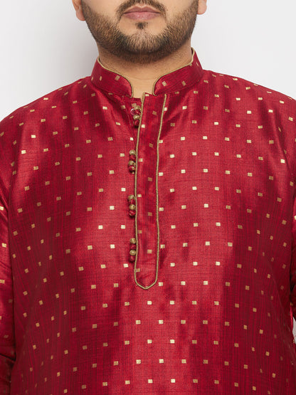 vastramay mens plus size maroon cotton silk blend kurta and rose gold pleated dhoti pant set