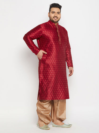 vastramay mens plus size maroon cotton silk blend kurta and rose gold pleated dhoti pant set