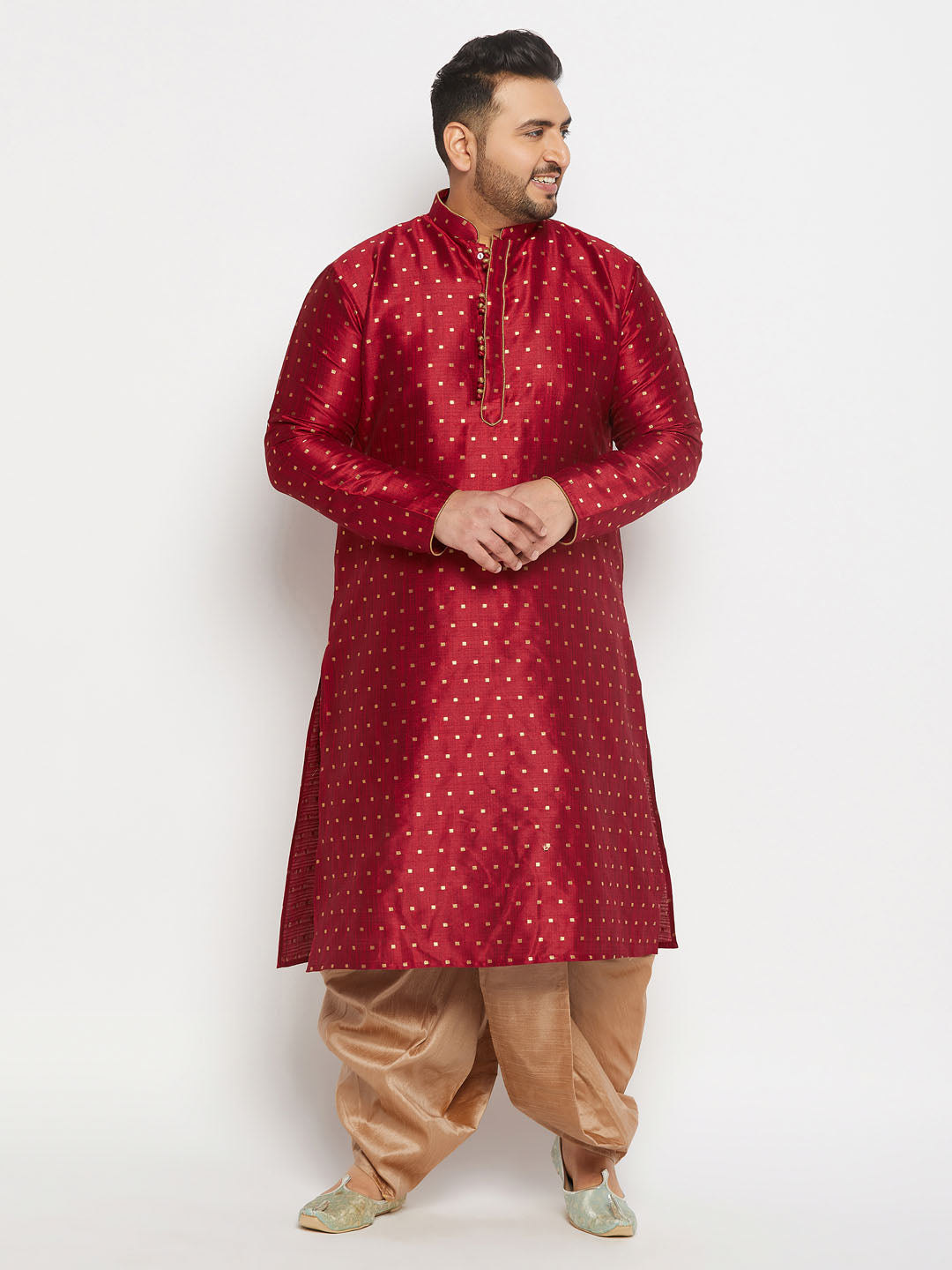 vastramay mens plus size maroon cotton silk blend kurta and rose gold pleated dhoti pant set