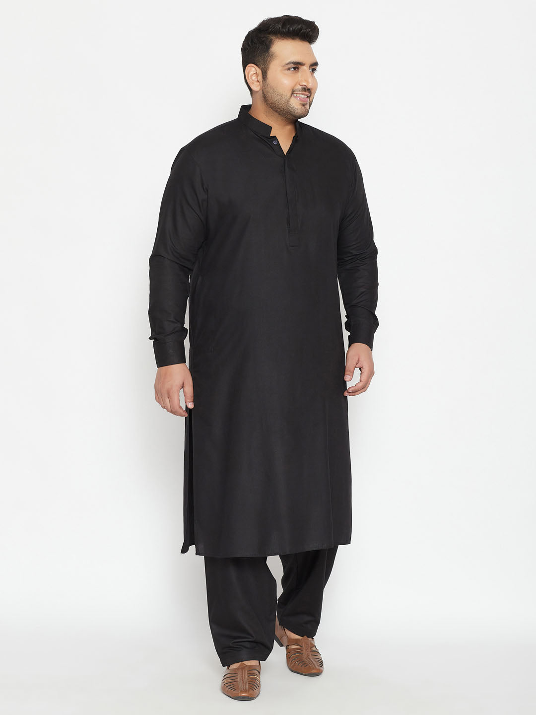 Vastramay Mens Plus Size Black Cotton Blend Pathani Set