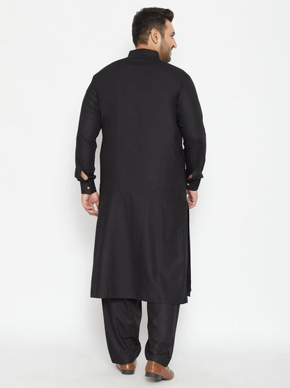 Vastramay Mens Plus Size Black Cotton Blend Pathani Set