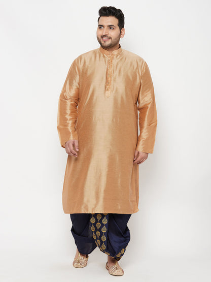 Vastramay Men's Plus Size Viscose Rose Gold Silk Blend Kurta And Navy Blue Dhoti Set - PUSHMYCART