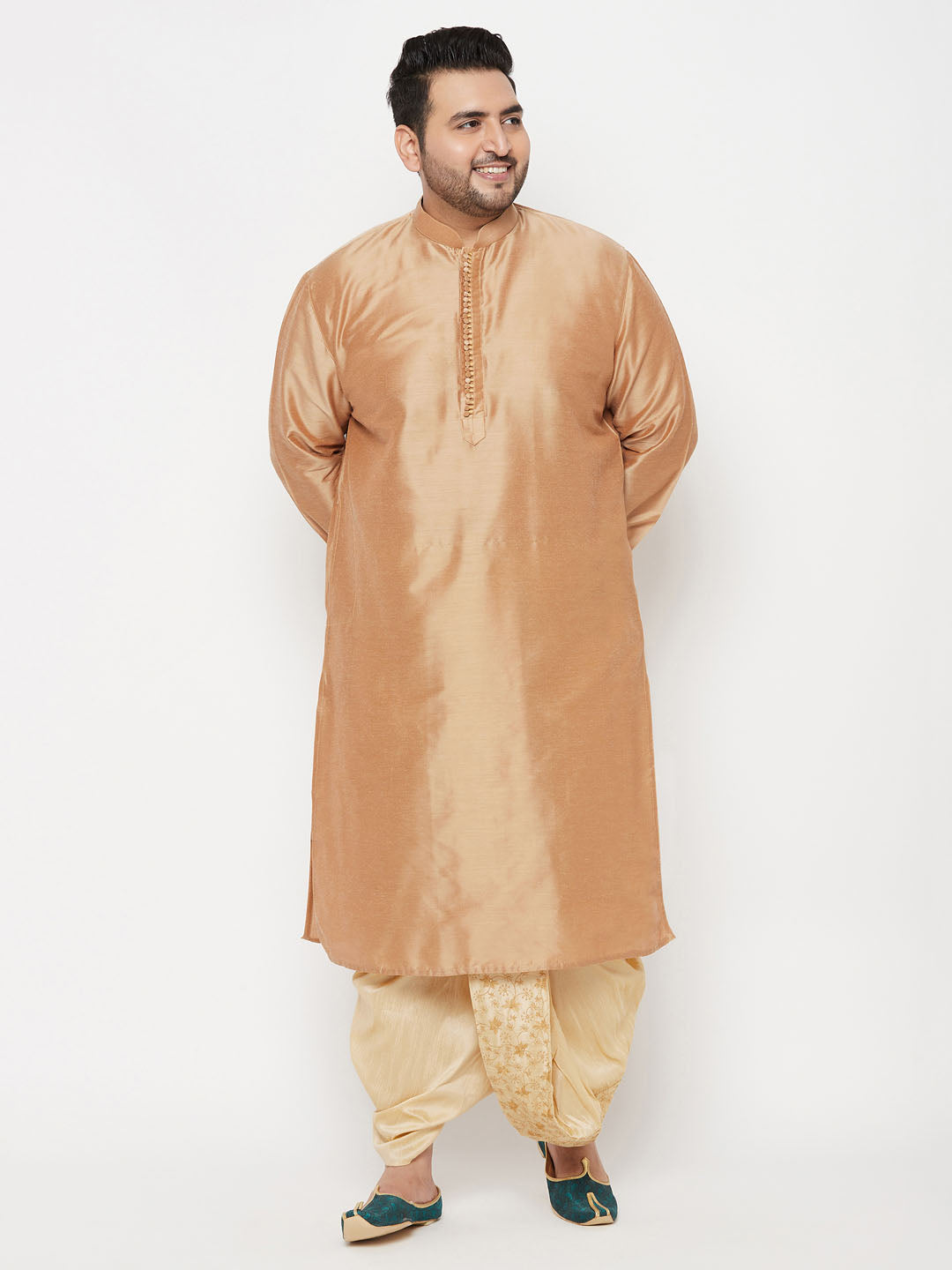 Vastramay Men's Plus Size Rose Gold Silk Blend Kurta And Gold Dhoti Set - PUSHMYCART