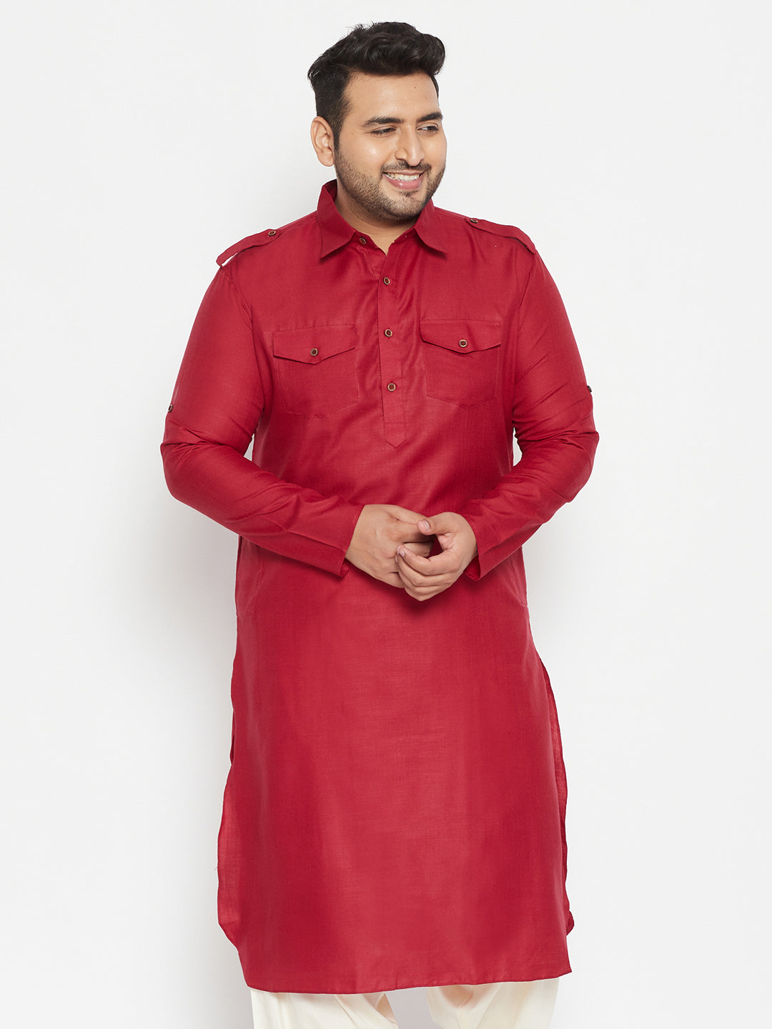 Vastramay Mens Plus Size Maroon Cotton Blend Pathani Kurta