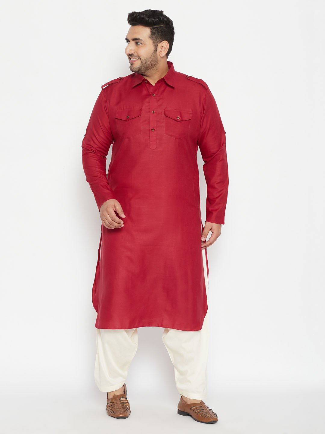 Vastramay Mens Plus Size Maroon Cotton Blend Pathani Kurta