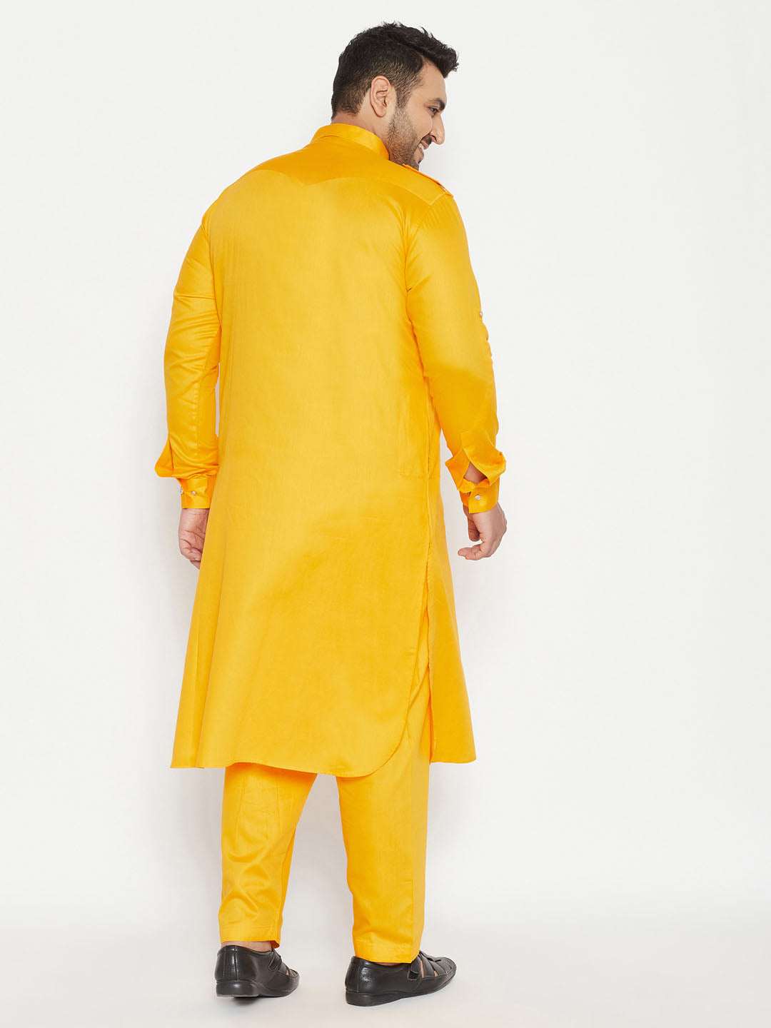 Vastramay Mens Plus Size Yellow Cotton Blend Pathani Set