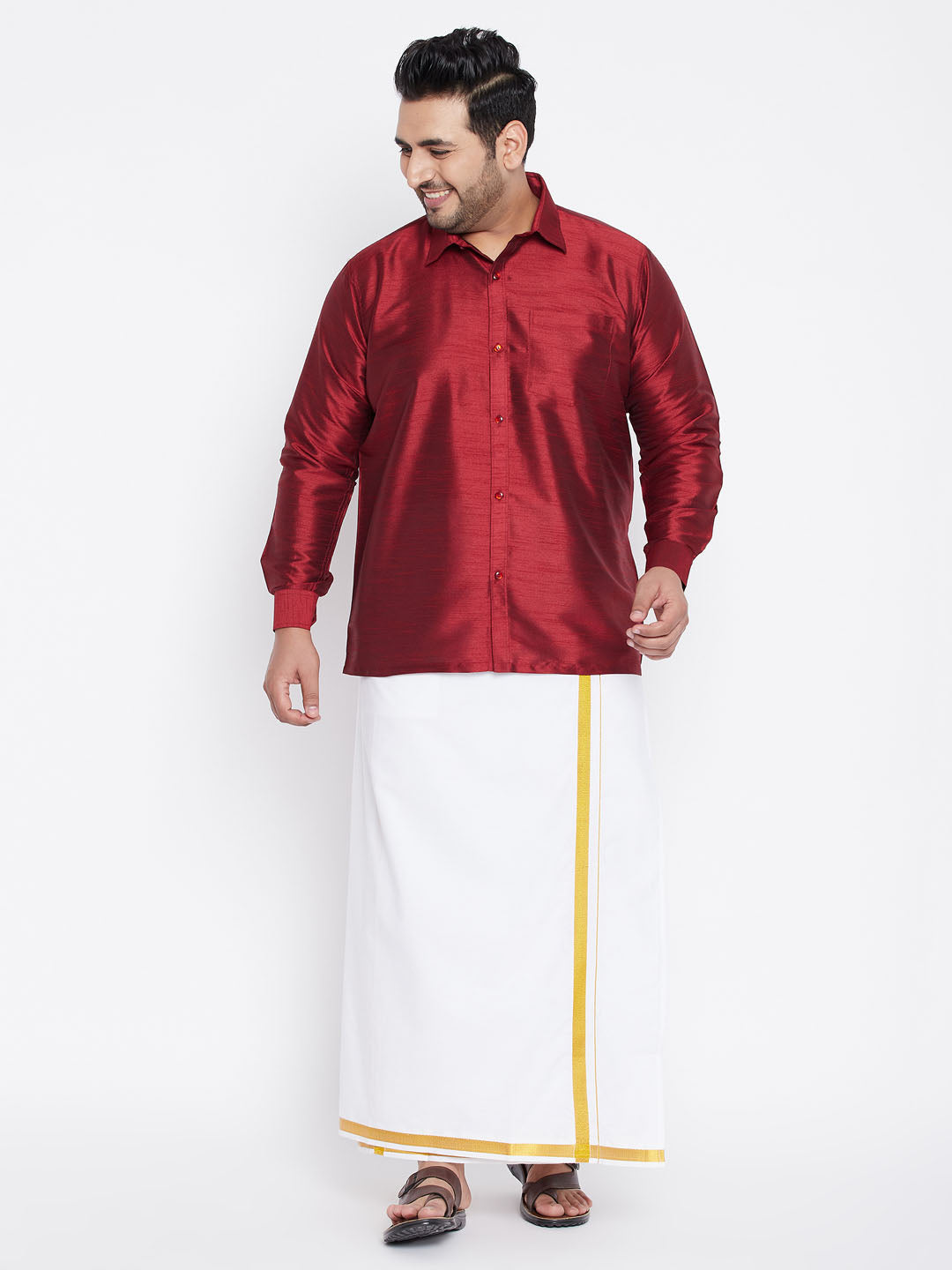 copy of mens plus size pink and white silk blend shirt and mundu set