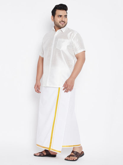 copy of mens plus size gold and white silk blend shirt and mundu set