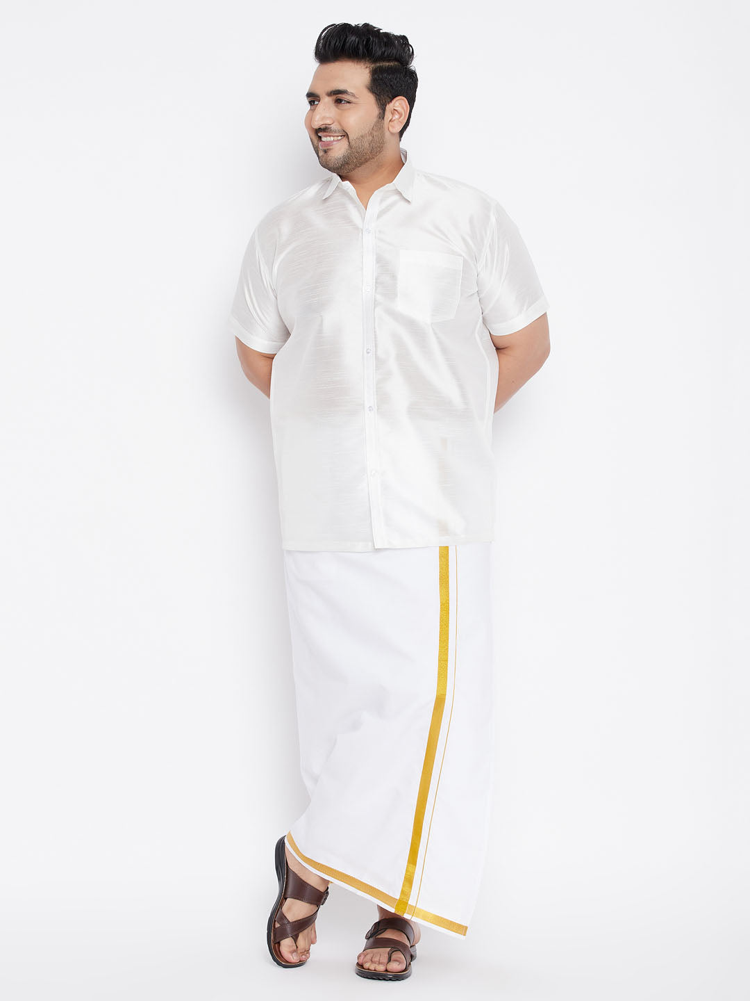 copy of mens plus size gold and white silk blend shirt and mundu set