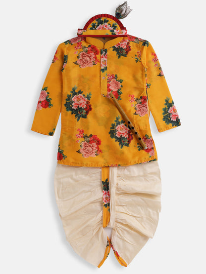 infant boys multicolor base yellow cotton blend kurta and dhoti set