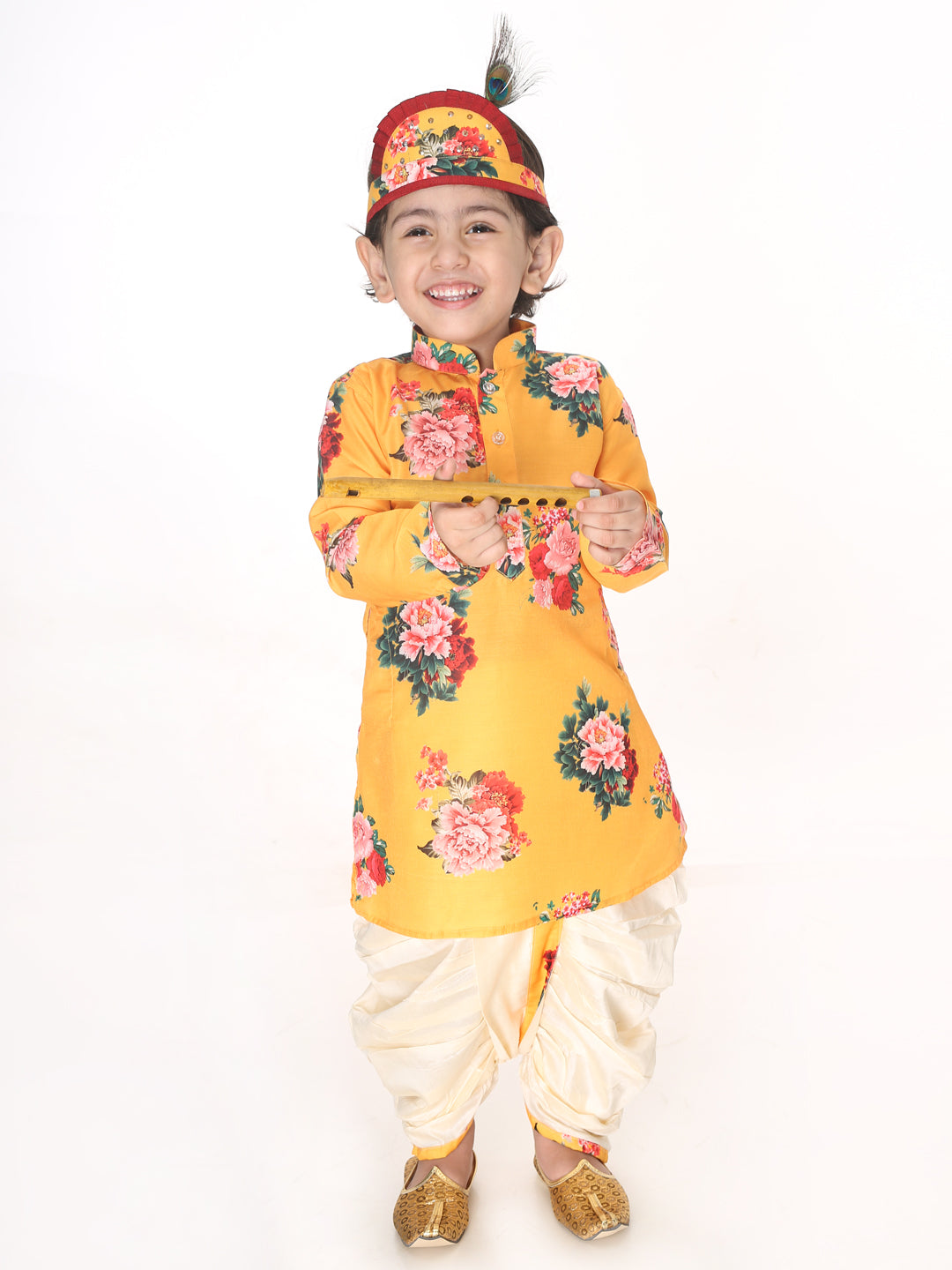 infant boys multicolor base yellow cotton blend kurta and dhoti set