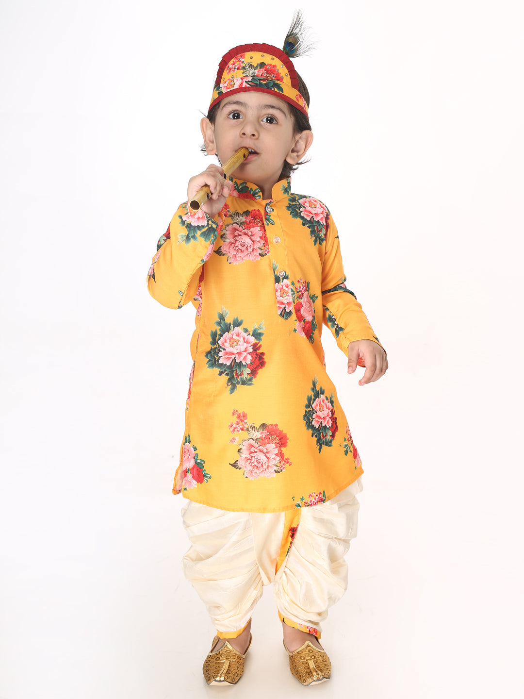 infant boys multicolor base yellow cotton blend kurta and dhoti set