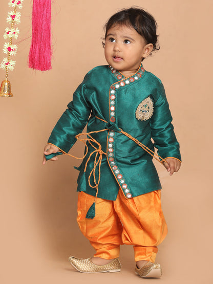Vastramay SISHU Boy's Green Embroidered Angrakha Mirror Work Kurta with Dhoti Pants - PUSHMYCART