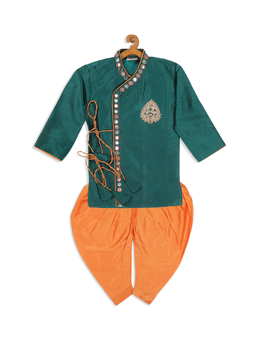Vastramay SISHU Boy's Green Embroidered Angrakha Mirror Work Kurta with Dhoti Pants - PUSHMYCART