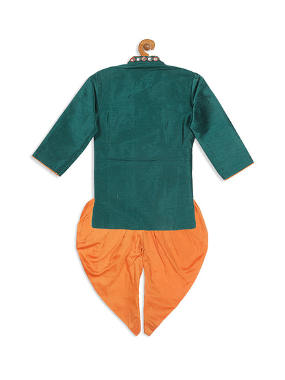 Vastramay SISHU Boy's Green Embroidered Angrakha Mirror Work Kurta with Dhoti Pants - PUSHMYCART