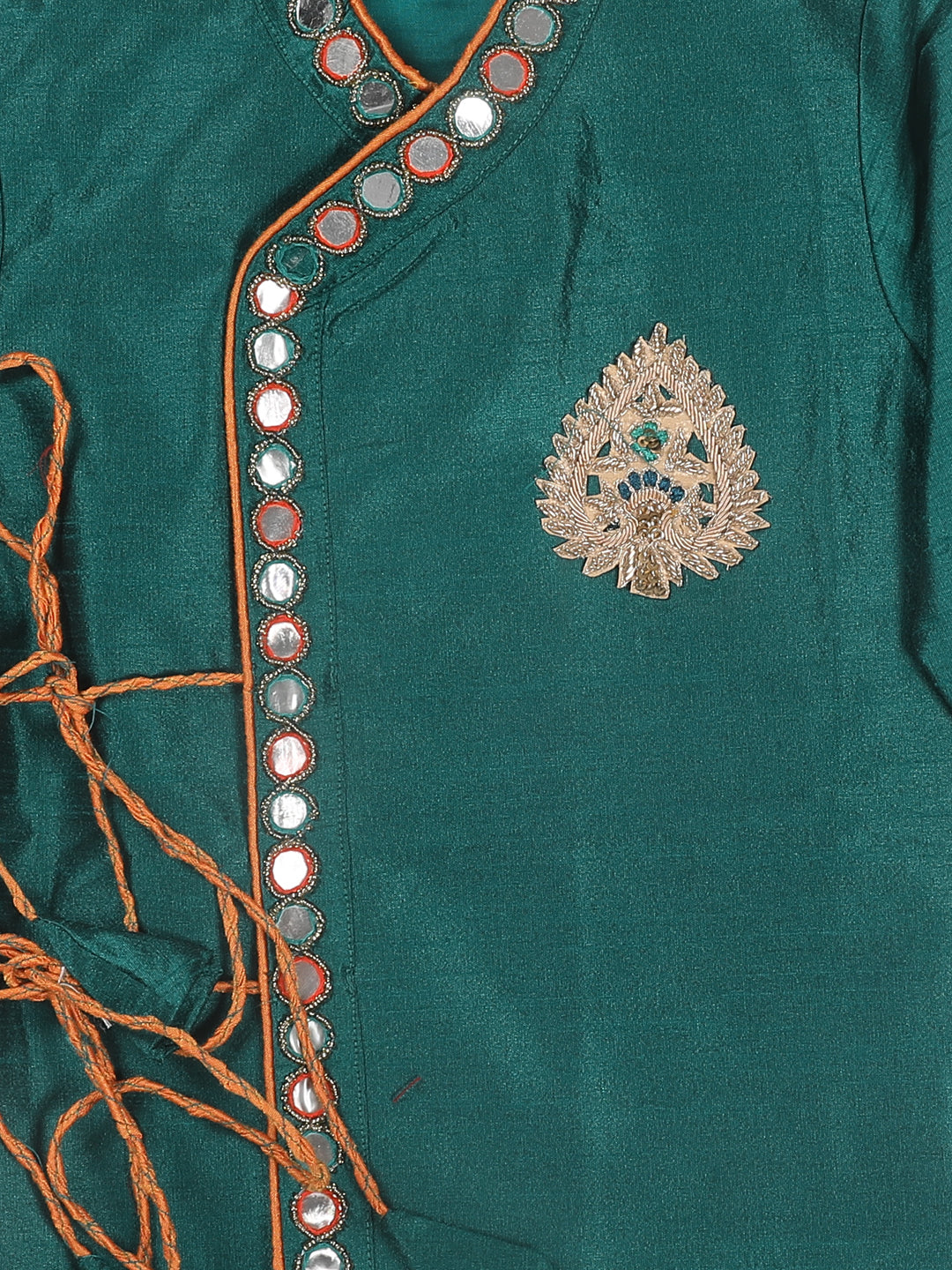 Vastramay SISHU Boy's Green Embroidered Angrakha Mirror Work Kurta with Dhoti Pants - PUSHMYCART