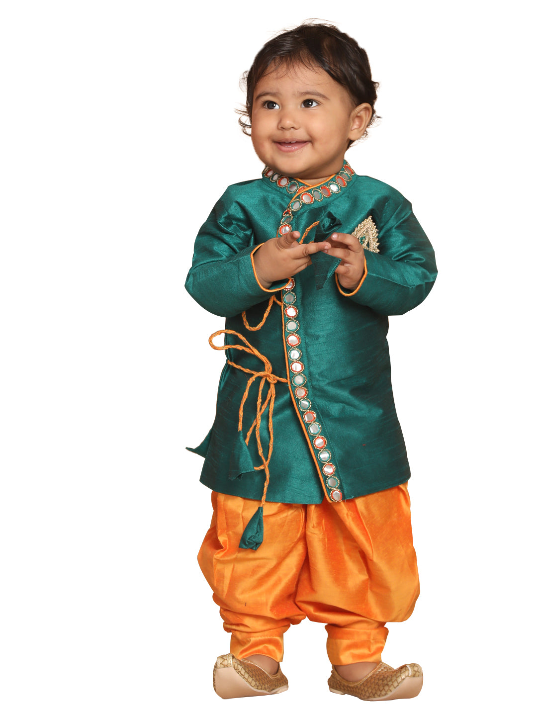 Vastramay SISHU Boy's Green Embroidered Angrakha Mirror Work Kurta with Dhoti Pants - PUSHMYCART