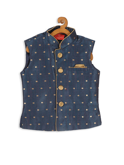Vastramay SISHU Boy's Gold-Toned & Blue Color Woven Design Nehru Jackets - PUSHMYCART